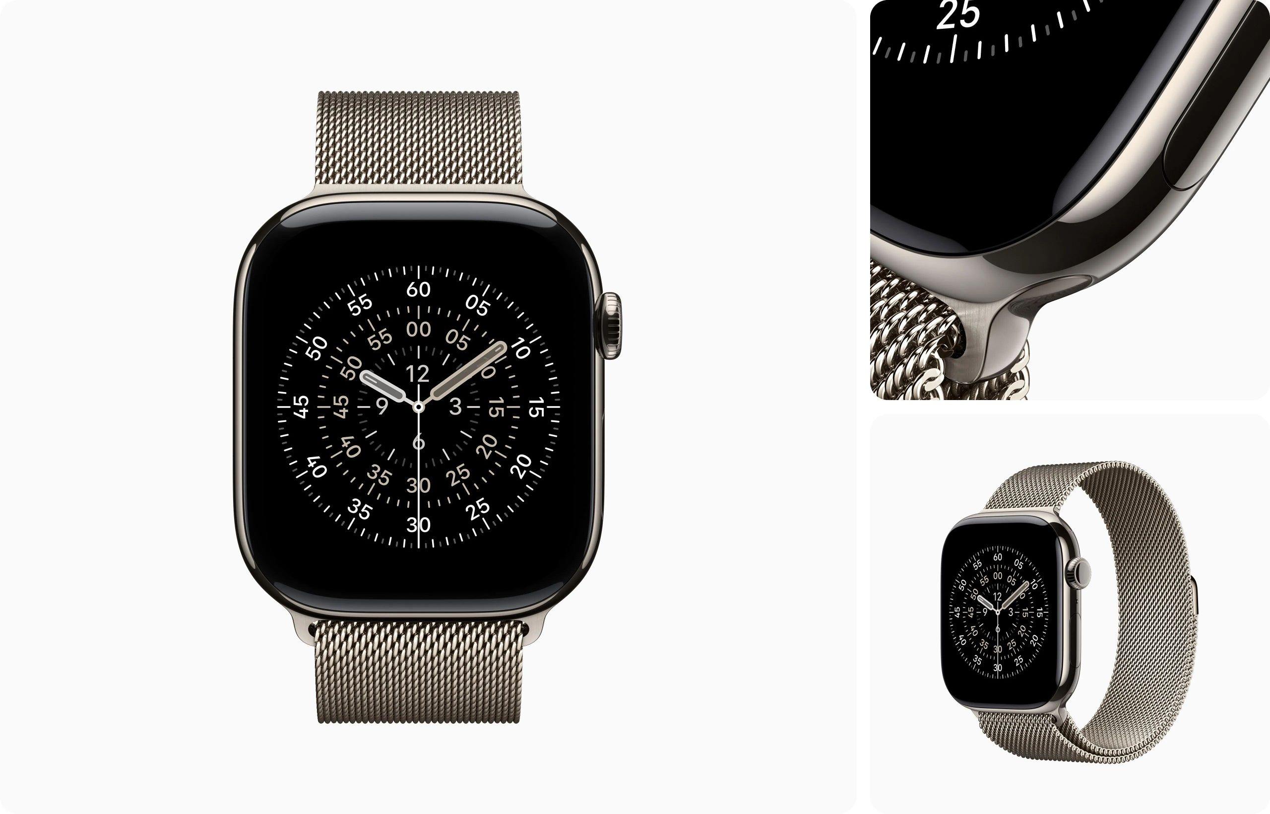 Apple Watch Series 11，展示全面屏、原色钛金属表壳、圆角设计、数码表冠、麦克风小孔、齐平的侧边按钮；表壳与金属原色米兰尼斯表带齐平连接，展示抛光不锈钢织网和交叠的磁性搭扣。