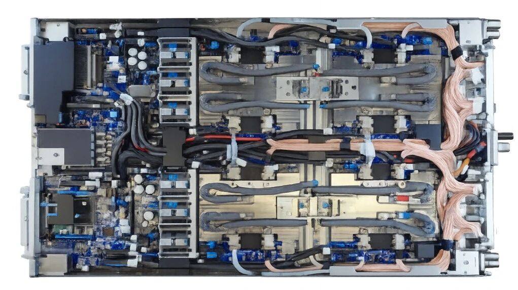 Maia 200 服务器刀片的俯视图。