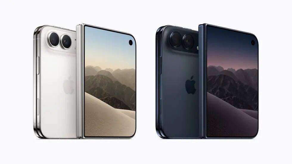 图片展示四台 iPhone Duo，分别以正面朝前和背面朝前摆放，提供星光白色与夜空色两种配色。